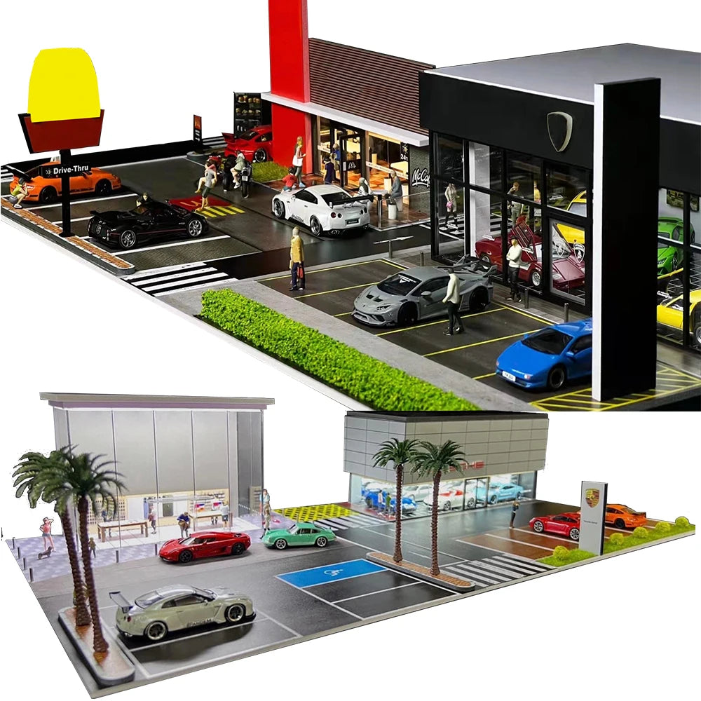 GFans NEW Model 1:64 Scale Diorama Car Garage Model With LED Lights Parking Lots City DIY Model Sets Collection Display Gifts