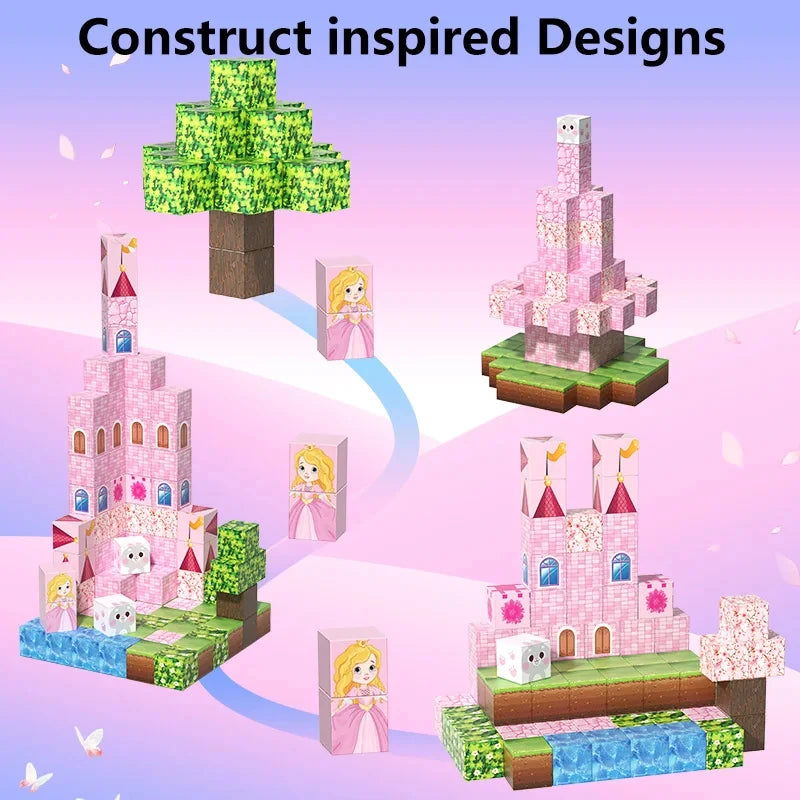 Pink castle magnetic building block set, suitable for boys and girls over 3 years old DIY to improve hand skills and creativity