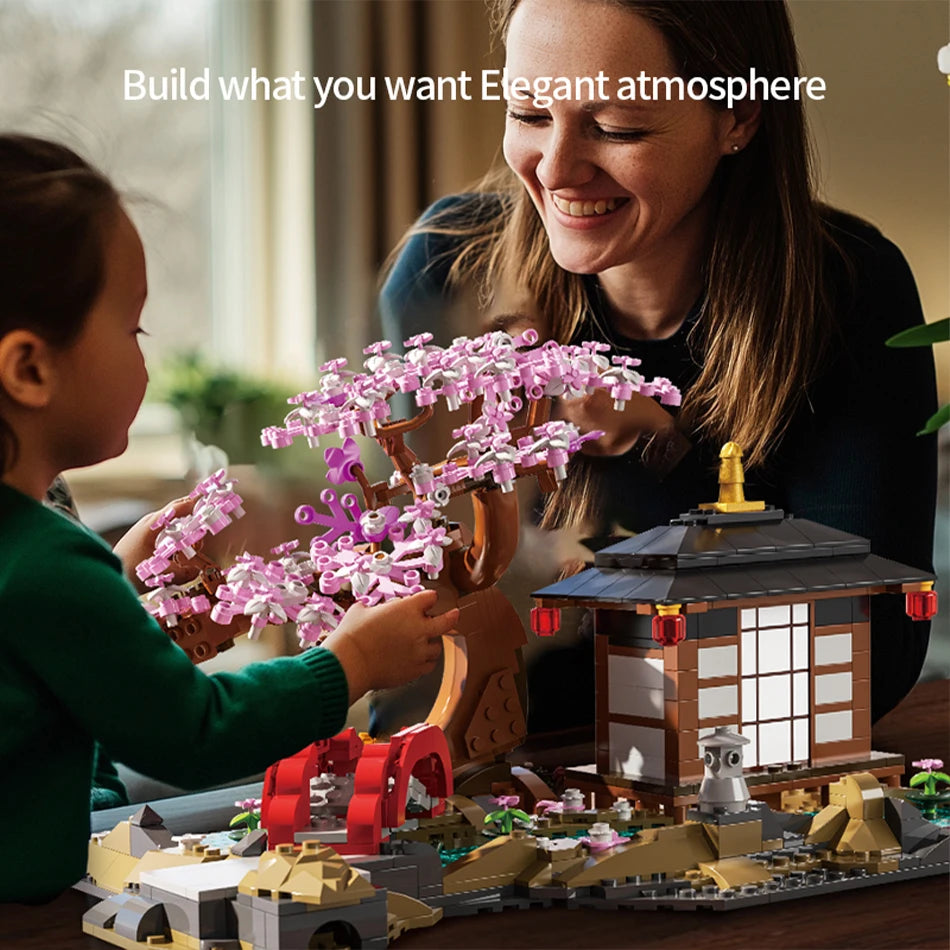 MOC Cherry Blossom Zen Garden Building Blocks Japan Architecture Sakura Tree House Street View Construction Bricks Toys Kid Gift