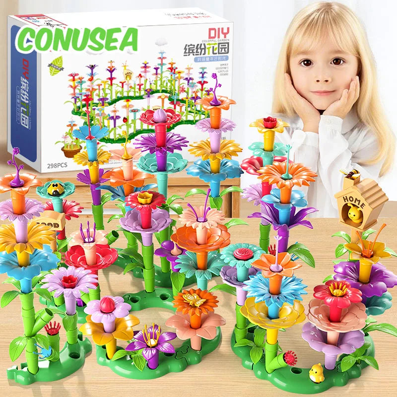 Building Blocks Flower Bouquet Girls Diy Garden Constructor Brick Playset Plant Growing Floral Assembly Educational Stacking Toy