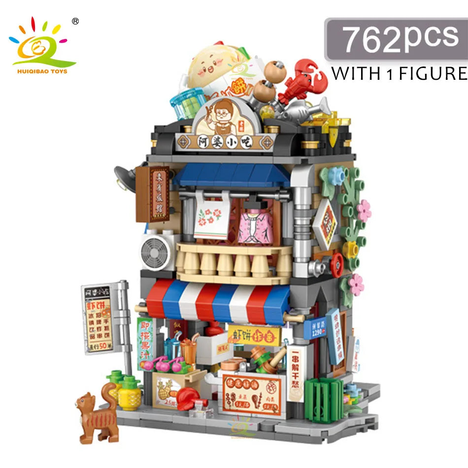 HUIQIBAO City Mini Chinese Street View Gourmet Shop Micro Building Blocks Set Seafood Restaurant DIY Bricks Toys For Children