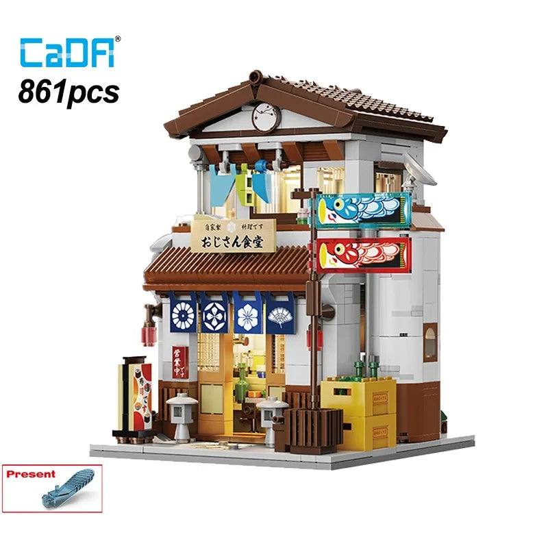 Cada Casa Giapponese Sushi Bricks Shop LED Casa Giapponese di Panini al Vapore Blocchi da Costruzione Caffè Estivo cada Giocattolo Serie Vista Strada Set