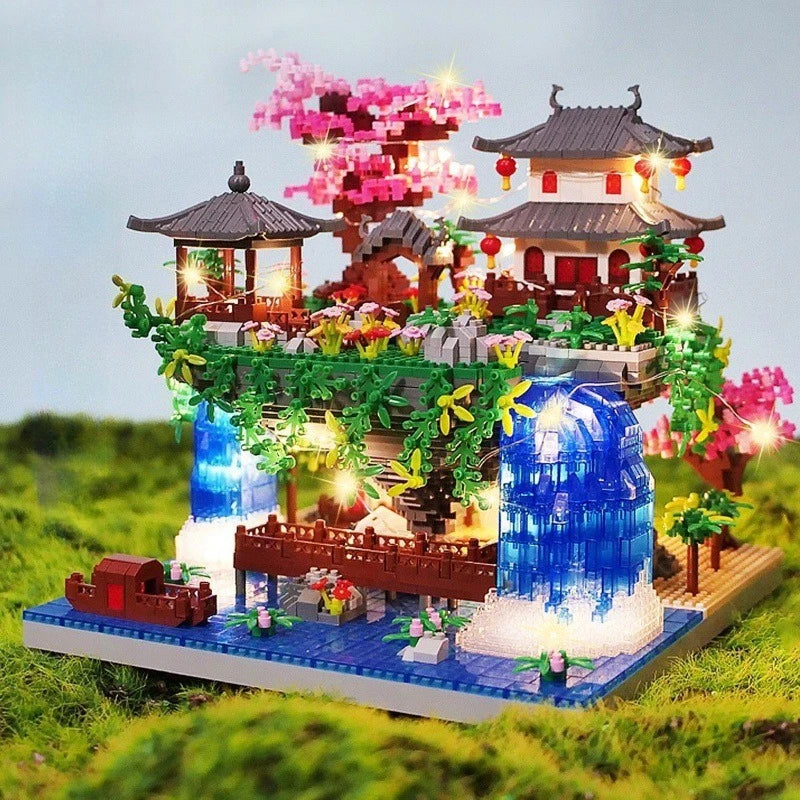 Flowers Tree House Mini Building Blocks Set for Adults Chinese Architecture Model Bonsai Toys with String Lights Home Decoration
