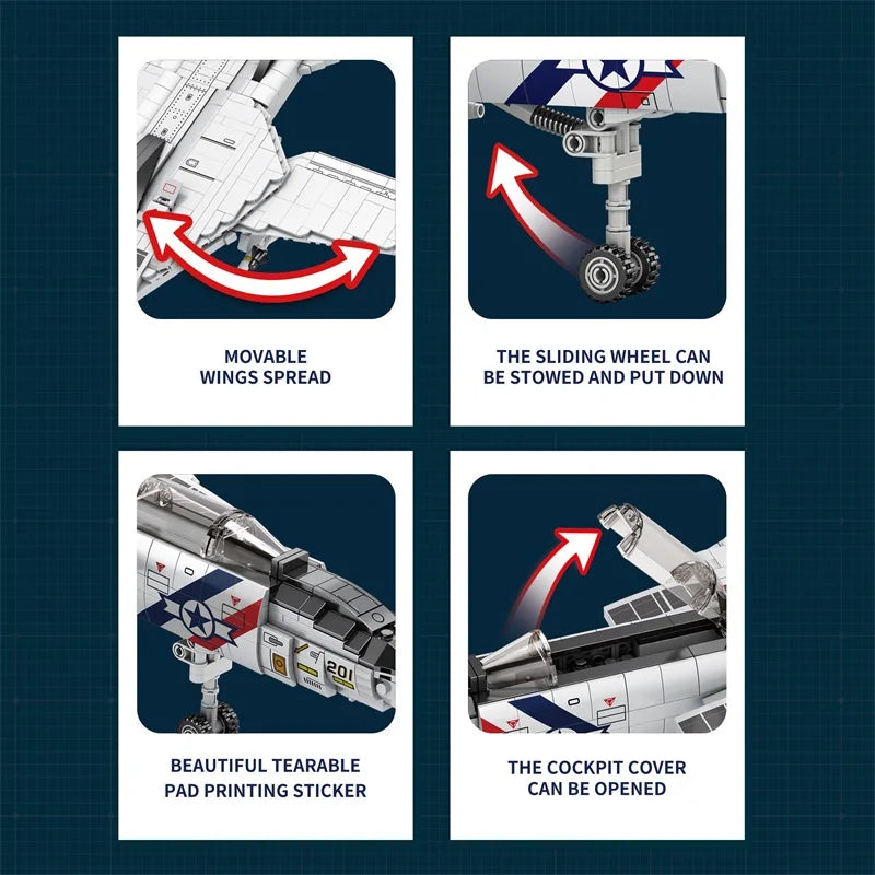 1443PCS Military Tomcat F14 Fighter Aircraft Building Blocks MOC Carrier-Base Fighter Model Bricks Set Holiday Gifts Kids Toys