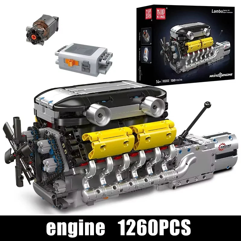 Mould King 10202 Technical Car Engine Toys The Motorized Supercar V12 Engine + Transmission Building Block Brick Kids Gifts