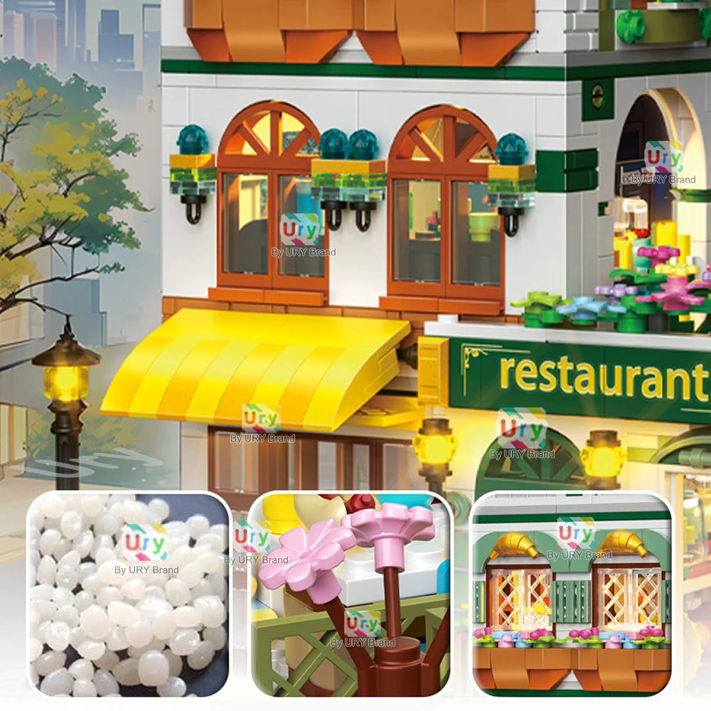City Street View Modular Chinese Restaurant Retro Flower House with LED Light MOC Architecture Building Block Sets Toys for Kids