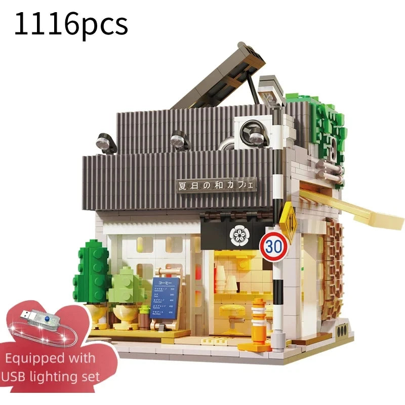 Cada Casa Giapponese Sushi Bricks Shop LED Casa Giapponese di Panini al Vapore Blocchi da Costruzione Caffè Estivo cada Giocattolo Serie Vista Strada Set