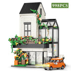 City 998Pcs Street View Sunshine Flower House Building Blocks MOC Architecture Duplex Villa With Car Bricks Toys Valentine Gift