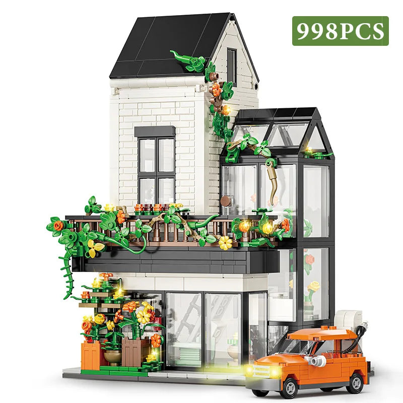 City 998Pcs Street View Sunshine Flower House Building Blocks MOC Architecture Duplex Villa With Car Bricks Toys Valentine Gift