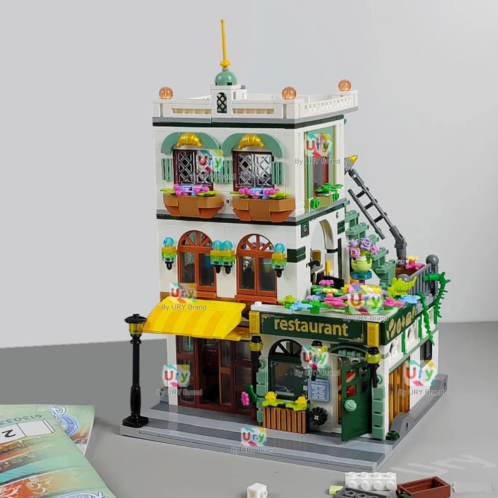 City Street View Modular Chinese Restaurant Retro Flower House with LED Light MOC Architecture Building Block Sets Toys for Kids