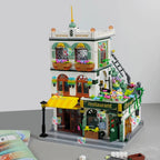 City Street View Modular Chinese Restaurant Retro Flower House with LED Light MOC Architecture Building Block Sets Toys for Kids