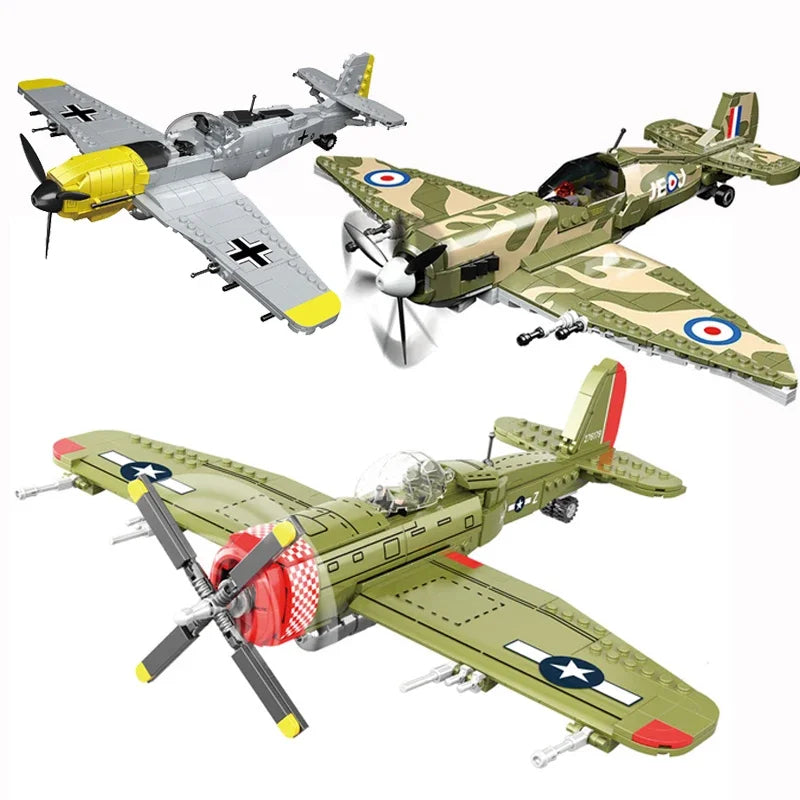 Different Types ww2 Army P47 Fighter Building Blocks Spitfire Military Soldier Pilot Figures Weapon Bricks Plane Toys for kids