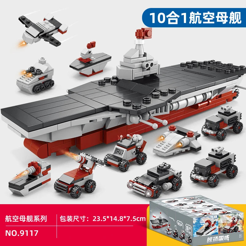 Fire truck building blocks 10 in 1 Police car Aircraft Tank warship excavator robot Building bricks Boy toy Children's gift