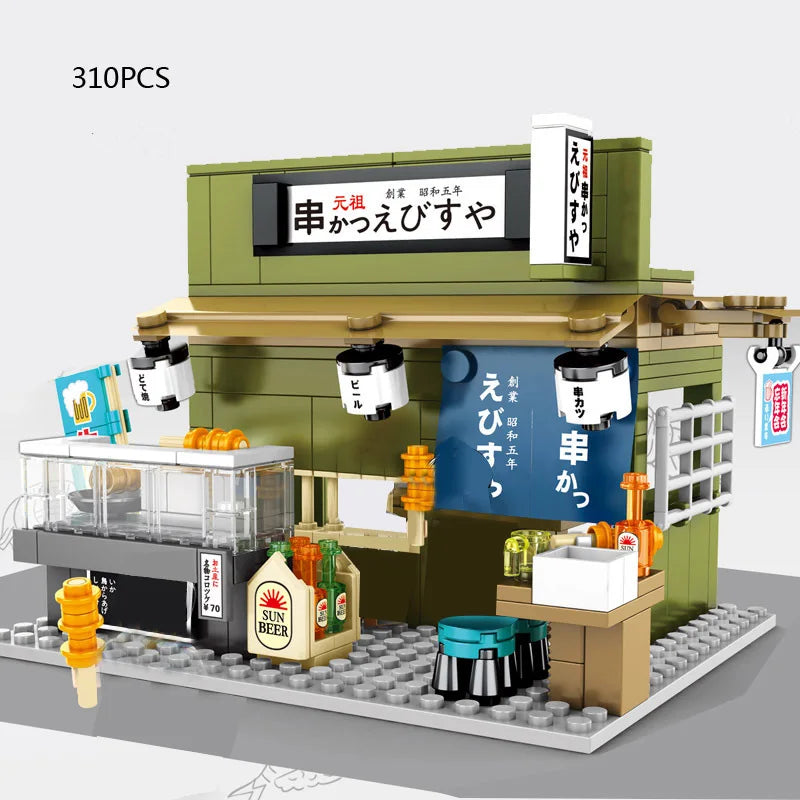 Vista della città giapponese costruisci blocchi Distilleria giapponese Carne di granchio Barbecue Negozio di pancake Casa da tè Negozio di polpette di polpo Mattoni giocattolo