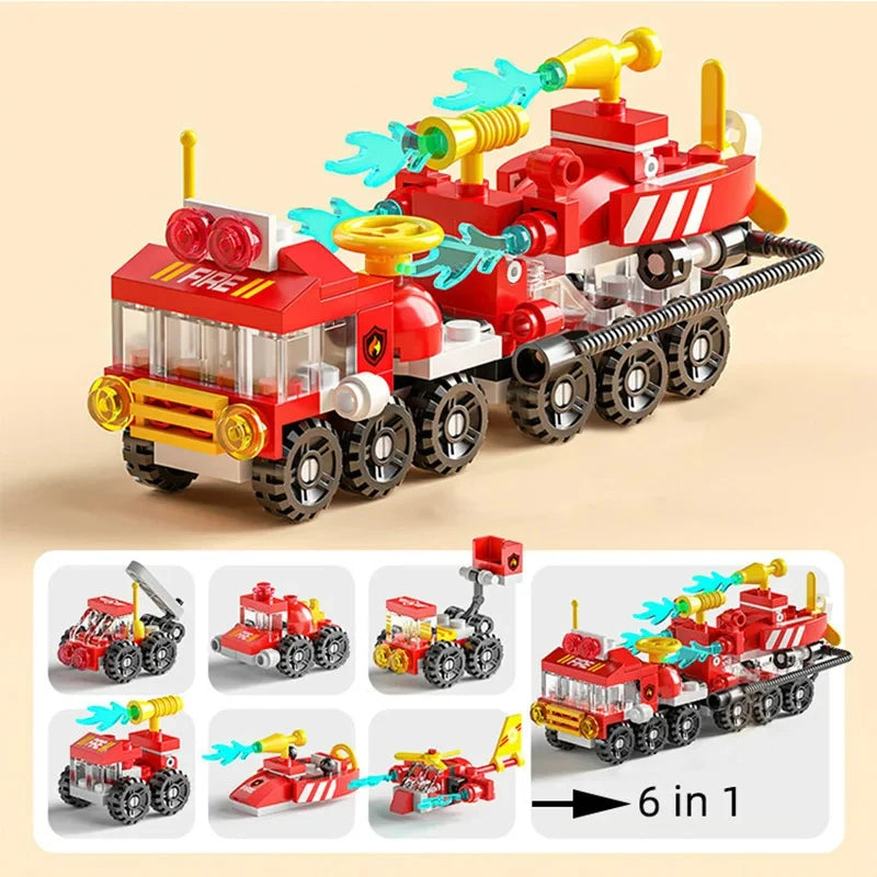 Mini Size 6 In 1 Building Blocks Diy Police Car Fire Truck Castle Model Bricks Kids Educational Toys Gifts