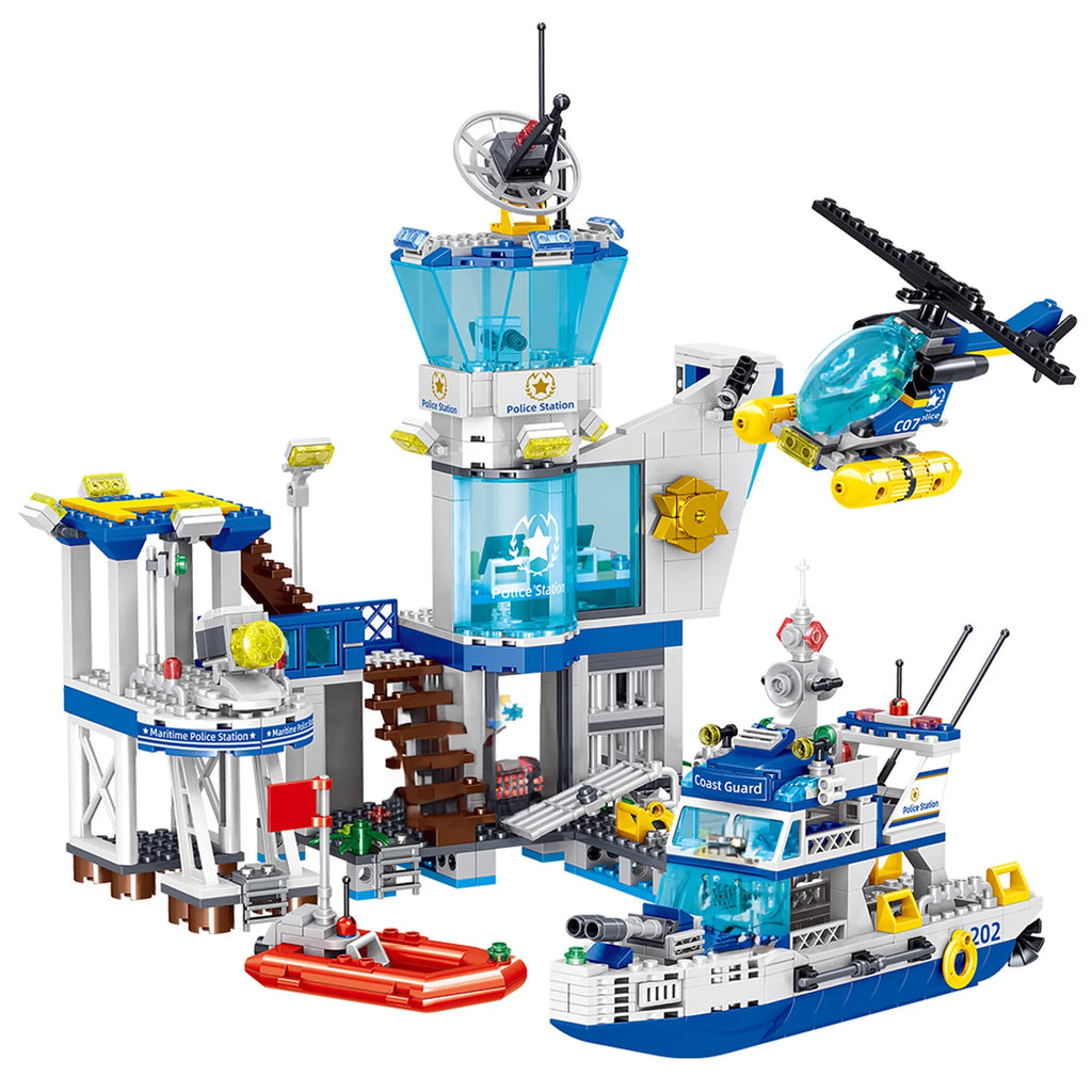 City Oceans Fire Station Blocks Compatible with leg0 Fire Station Set with Fire Station,Fire Helicopter,Fire Ship,Rescue Boat