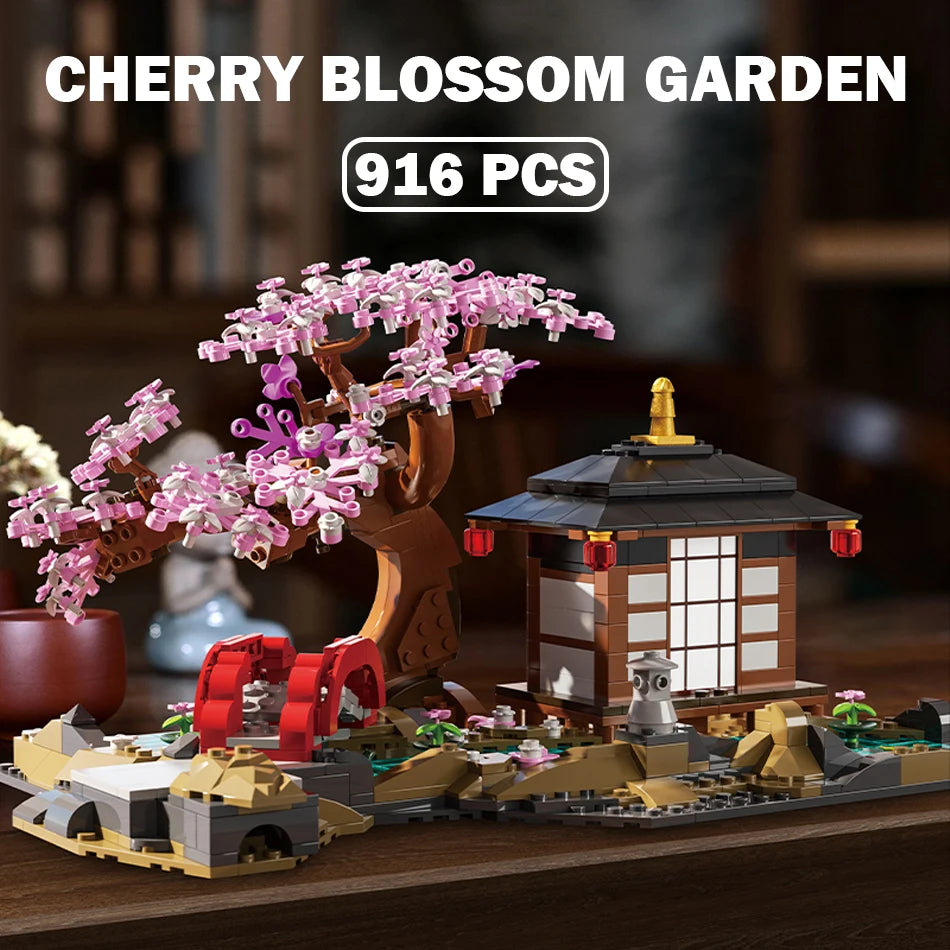 MOC Cherry Blossom Zen Garden Building Blocks Japan Architecture Sakura Tree House Street View Construction Bricks Toys Kid Gift