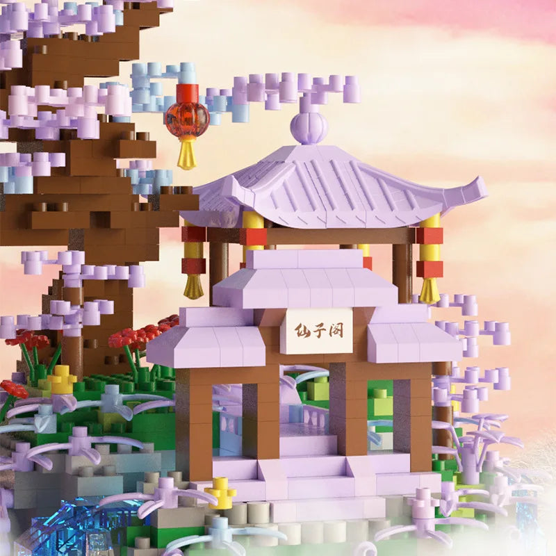 Flowers Tree House Mini Building Blocks Set for Adults Chinese Architecture Model Bonsai Toys with String Lights Home Decoration