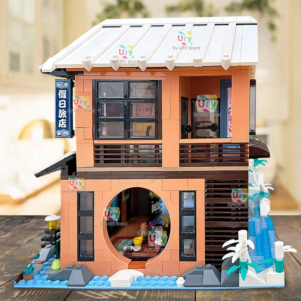 City Street View Modular Japanese Traditional Single-family Villa Retro Flower House MOC Architecture Building Block Toy for Kid