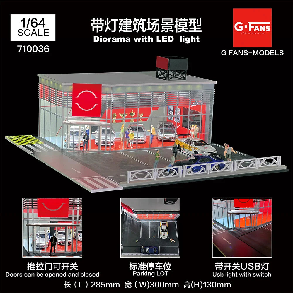 GFans NEW Model 1:64 Scale Diorama Car Garage Model With LED Lights Parking Lots City DIY Model Sets Collection Display Gifts