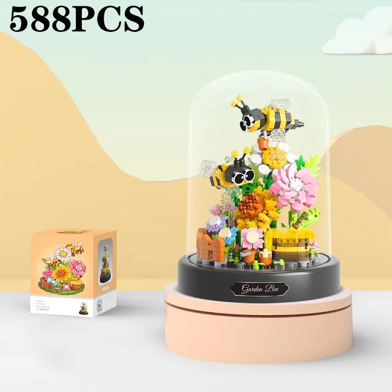 Bee Butterfly Flower Bonsai Building Blocks Insect Plant Potted Model Bricks With Dust Cover Children's DIY Toy Holiday Gifts