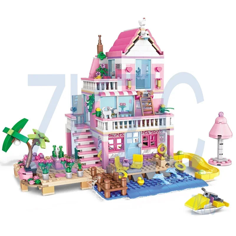 1 Change 2 Friends City House Summer Holiday Seaside Villa Apartment Slide Building Blocks Sets Figures Toys for Kid Girls Gift