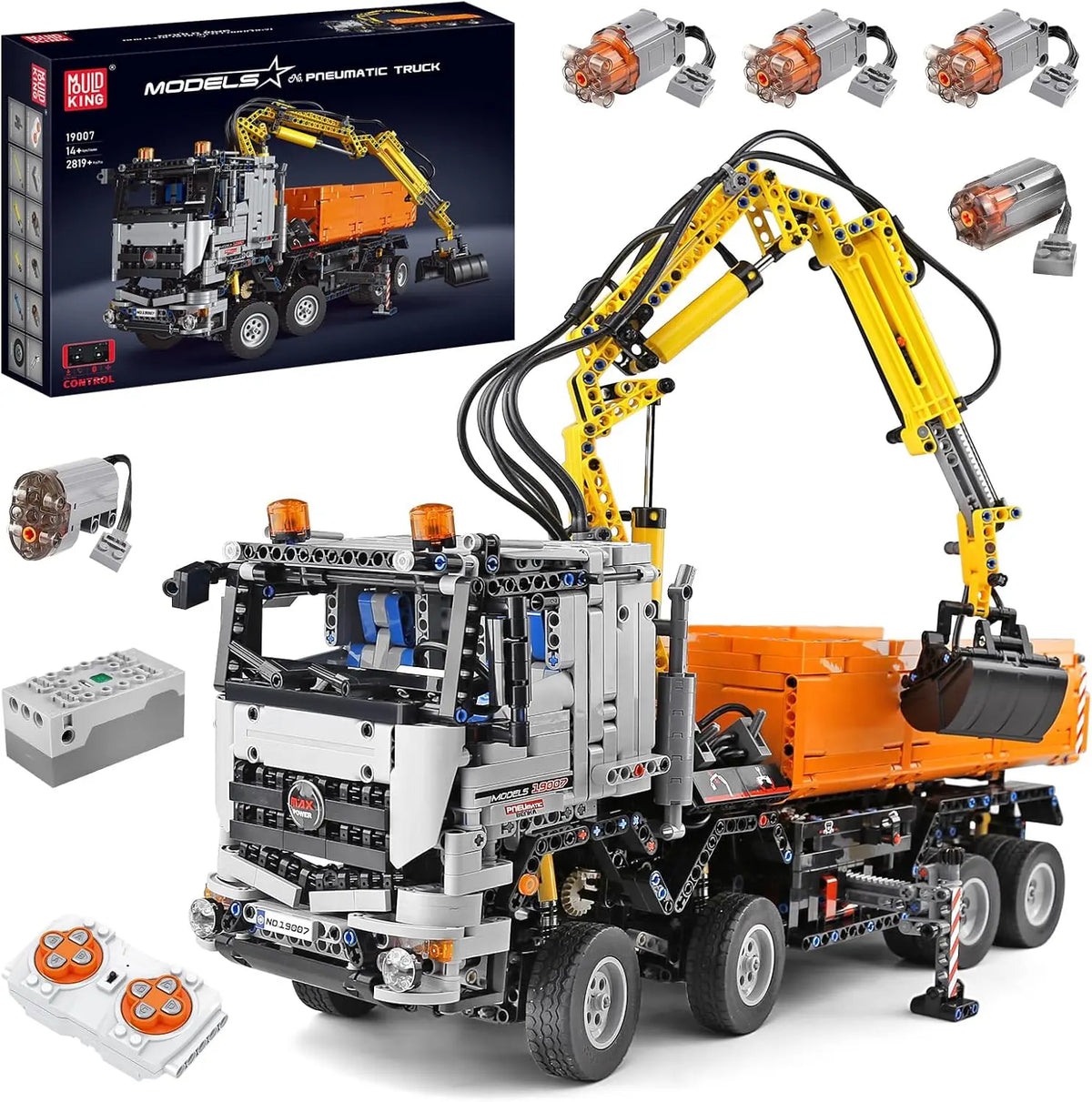 MOULD KING 19007 Ensemble de jouets de construction pneumatiques technique 2-en-1 Excavatrice télécommandée et camion-benne Cadeau d'anniversaire