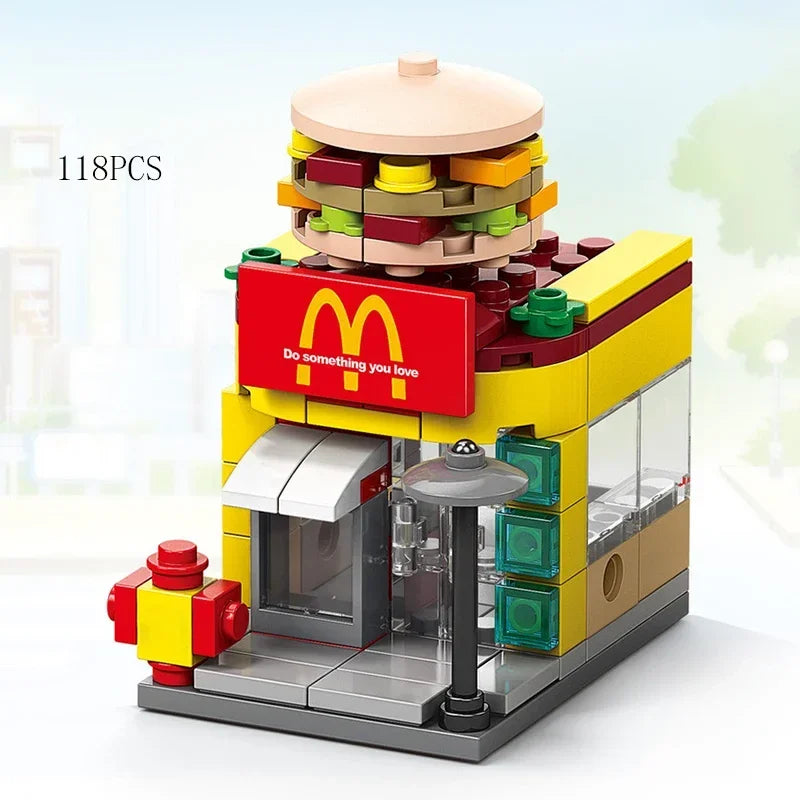 2025 Mini Shop Market Street View Sets Model Building Blocks Hamburger Restaurant Retail Store Creative Architecture Friend
