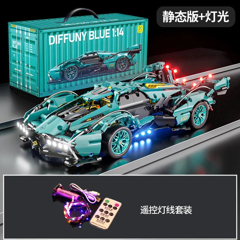 Blue V12 Block Roadster RC Tech Racing 1:14DIY Roadster building block assembly Block car toy birthday gift