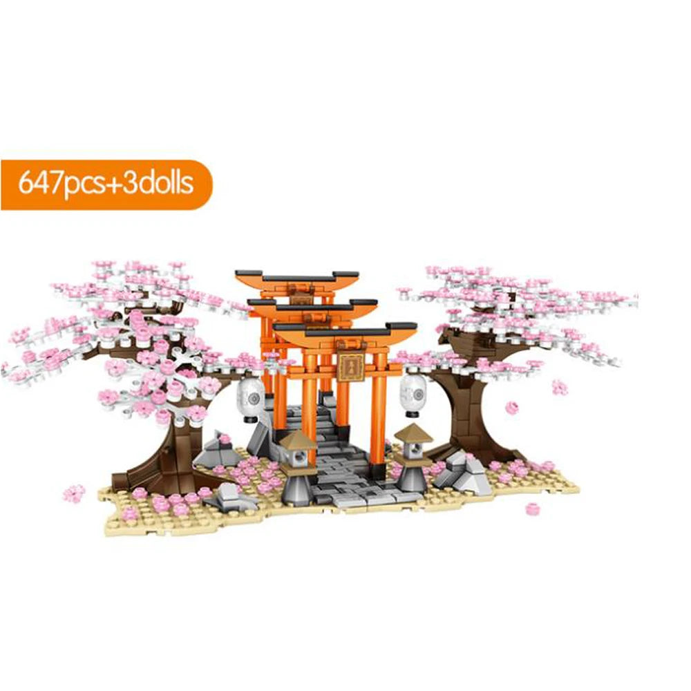 Japan Sakura gatebilde byggesett japansk kirsebærlandskap Senbon Torii modell bygatene mursteinleker med LED-lys