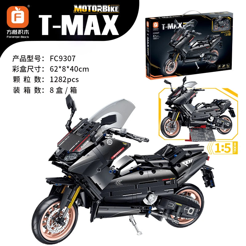 1282pcs Technical Super Speed T-MAX Motorcycle Building Blocks Creative 1:5 YAMA Motorbike Model Bricks Toys For Kids Boy Gifts