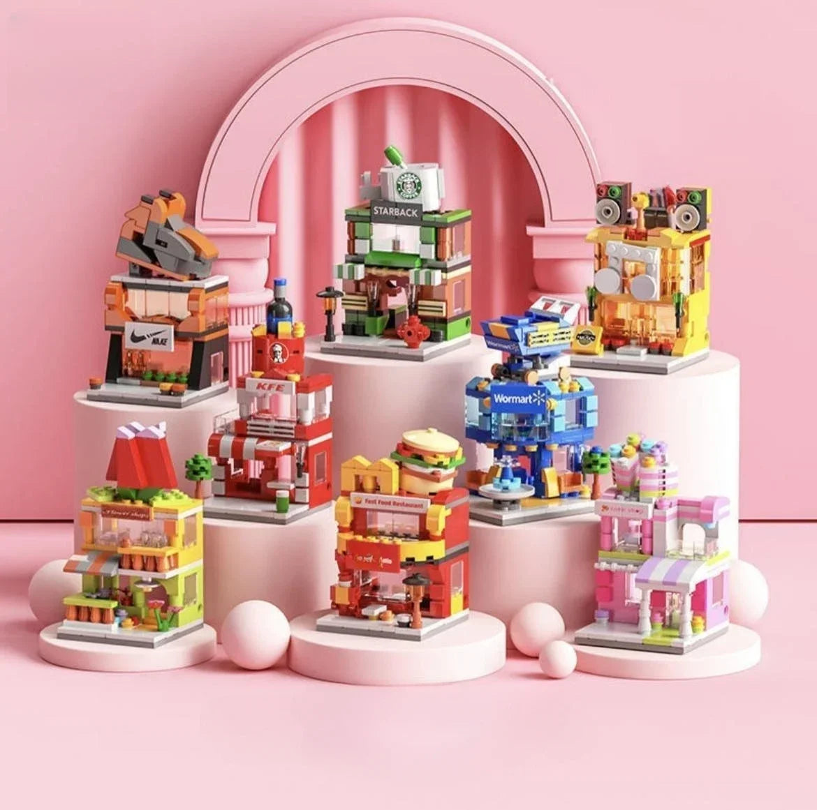 Blocchi da costruzione per casa con vista architettonica sulla strada, modello di negozio mini città fai-da-te, giocattoli per regali di Natale