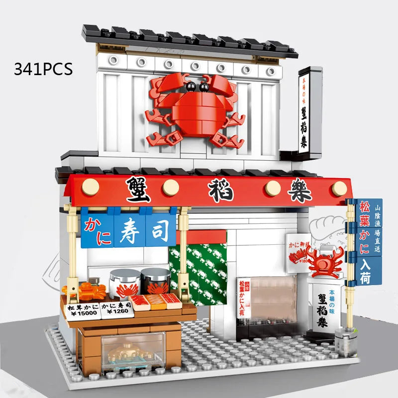 Vista della città giapponese costruisci blocchi Distilleria giapponese Carne di granchio Barbecue Negozio di pancake Casa da tè Negozio di polpette di polpo Mattoni giocattolo