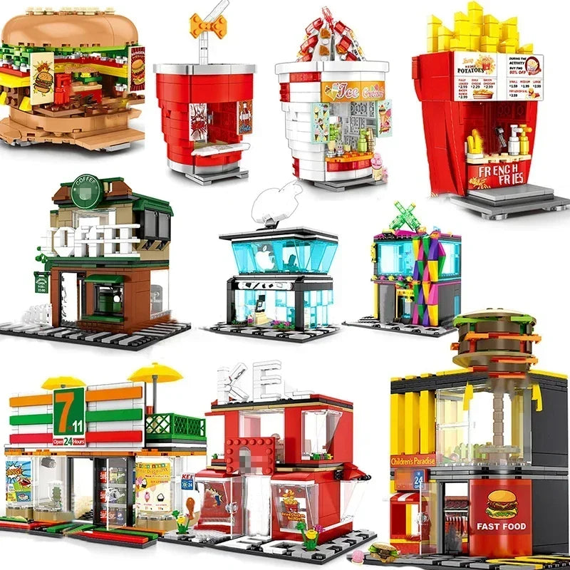 Set. Shop 2025 Mini Shop Market Street View Sets Model Building Blocks Hamburger ...