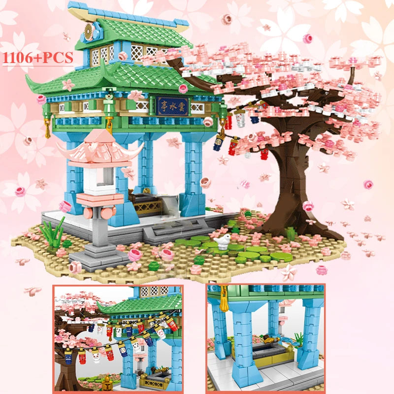 SEMBO BLOCK Sakura Gateutsikt Klossby Kirsebærblomst Japansk Sakura-tre DIY Hus Mini Modellbygging Barneleker