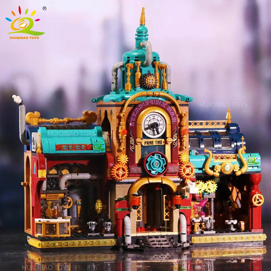 HUIQIBAO 1557pcs City Cyberpunk Style Hotel Architecture Model Building Blocks Street View Set Construction Bricks Toys Gift