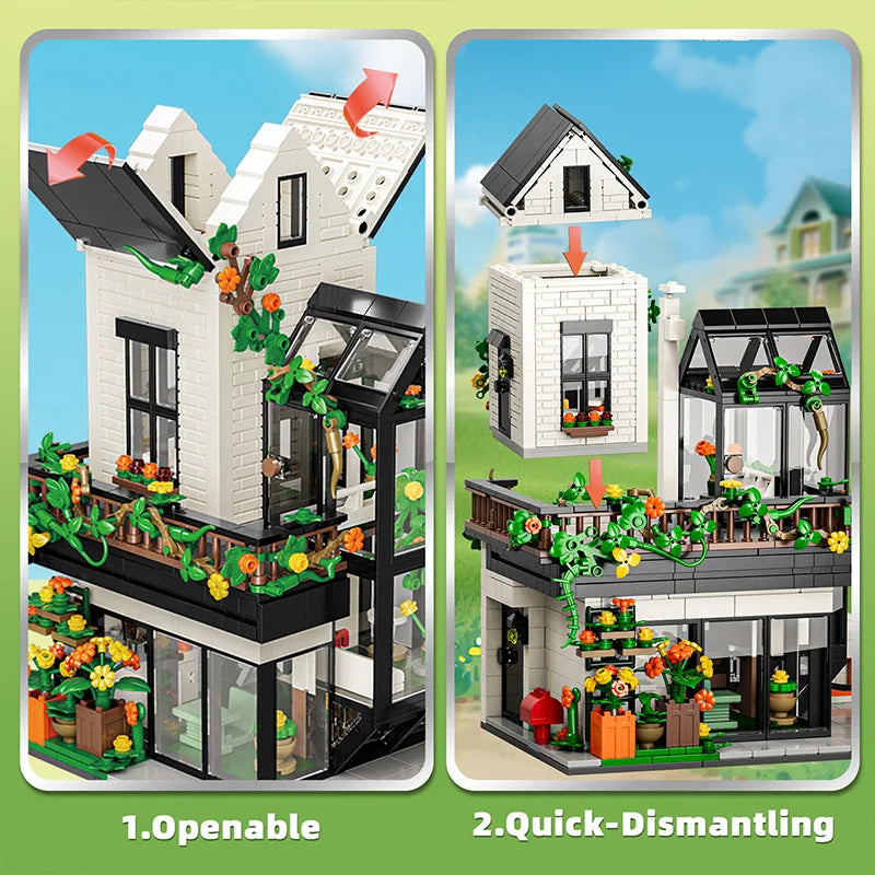 City 998Pcs Street View Sunshine Flower House Building Blocks MOC Architecture Duplex Villa With Car Bricks Toys Valentine Gift