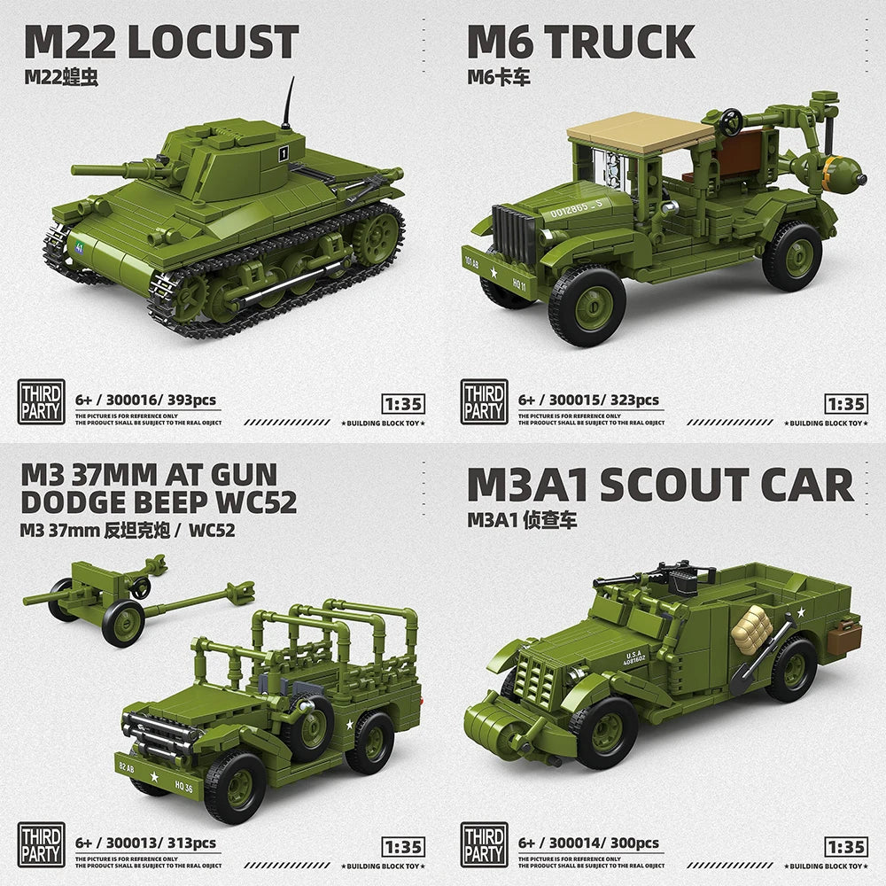 Military World War II tank Anti-tank gun M22 Locust Tank Building Blocks M6 Truck M3A1 Car Model Toys Bricks Toys For Kids Gifts