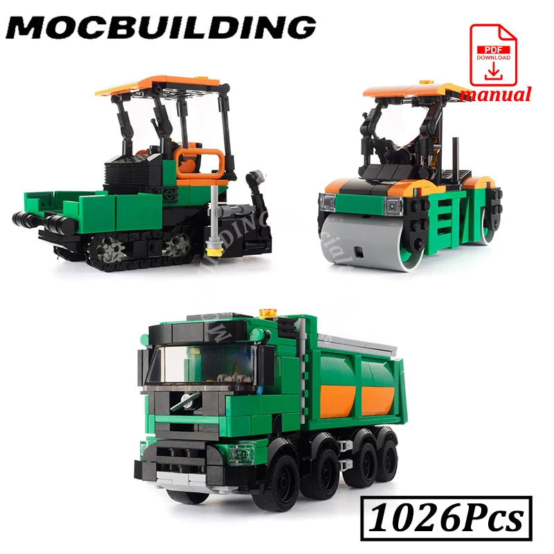 City Road Maintenance Tipper Truck Paver Compactor Heavy Crane MOC Building Block Brick Construction Toy