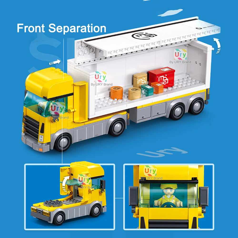 City Traffic Car Yellow Logistics Container Van Truck Express Station Set Figures Model Building Blocks DIY Toys for Boys Gifts