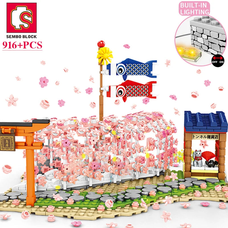 SEMBO BLOCK Sakura Street View Blocks City Cherry Blossom Japanese Sakura Tree Diy House Mini Model Building Children Toys