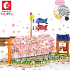 SEMBO BLOCK Sakura Street View Blocks City Cherry Blossom Japanese Sakura Tree Diy House Mini Model Building Children Toys