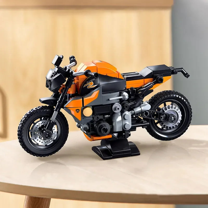 196pcs orange motorcycle building blocks, small particle building, diy puzzle transportation toys for kids assembly