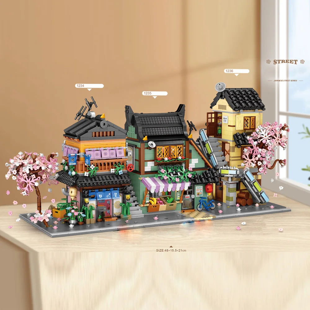 Creative Mini Block Architecture Japanese Noodles Restaurant Apartment Fruit Vegetable Shop Brick Japan Street View Figures Toys