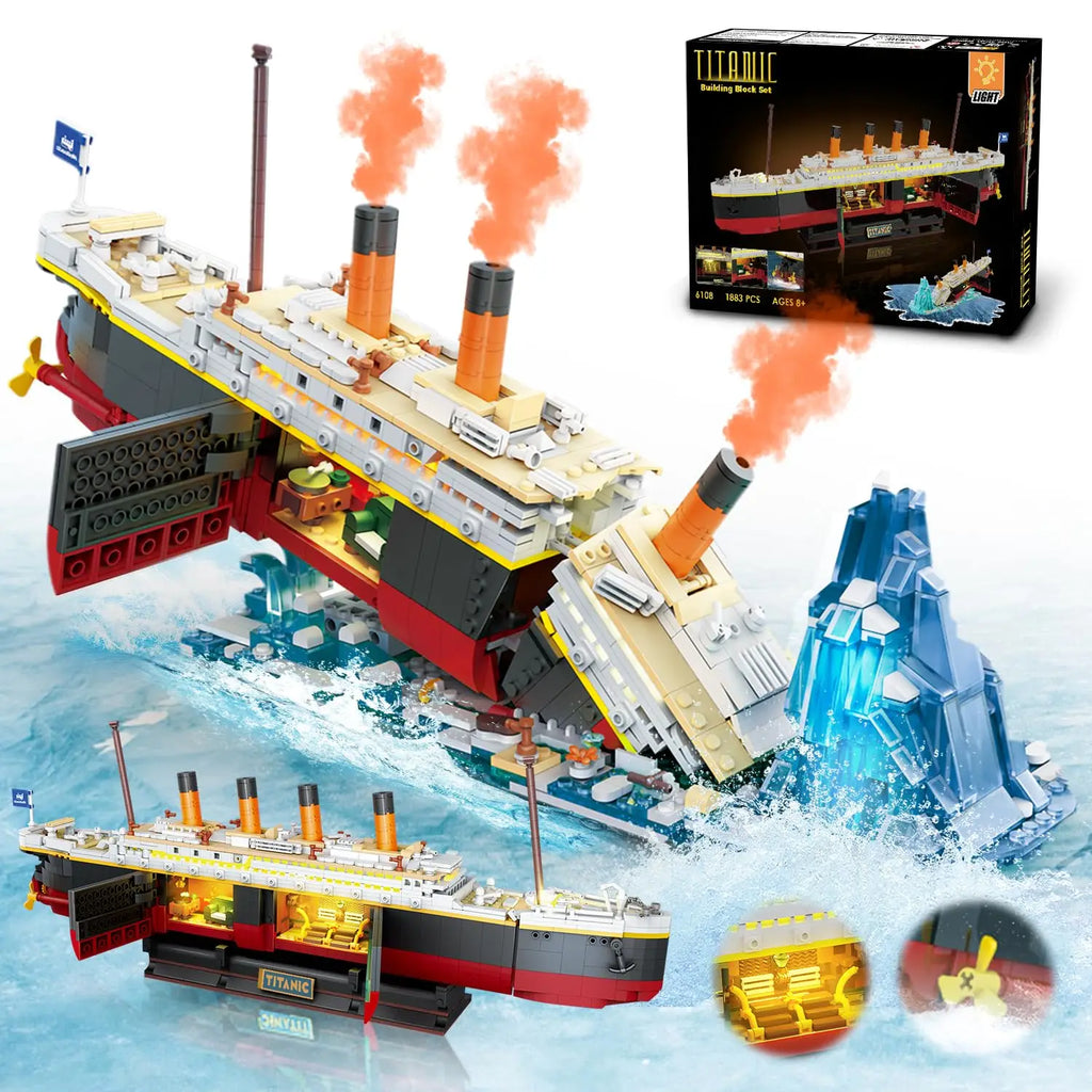 Titanic-Bausatz mit LED - 2 in 1 Titanic-Schiff Mini-Baustein-Schiffsmodell mit Gletscher-Displayständer Spielzeuggeschenk für Erwachsene und Kinder ab 10 Jahren