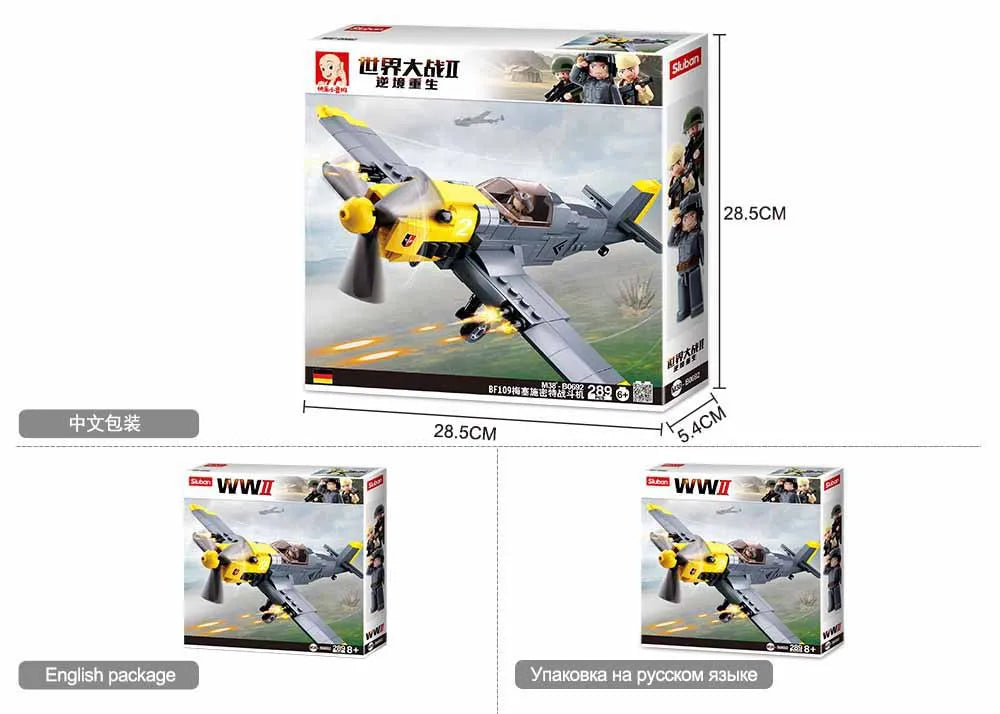 289PCS WW2 Air Force BF-109 Fighter Building Blocks Sets Military Plane Model Bricks Figures Educational Toys for Children