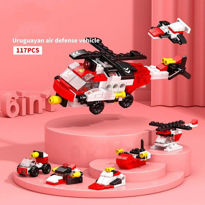 6IN1 Engineering Car Helicopter  Truck Tank City Building Blocks Police Bricks Fire Fighting Brick Set Toys for Children
