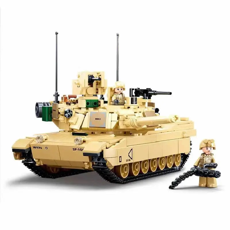 SLUBAN World War II 2 Military USA Abrams M1A2 Battle Tank Chariot Building Blocks Army Classic Accessories Model Kids Gift Toys