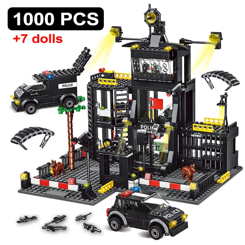 SWAT politistasjon militærby modellsett fengselsbil politimann båt figurer modell byggeklosser DIY-leketøy for barn gutter gave