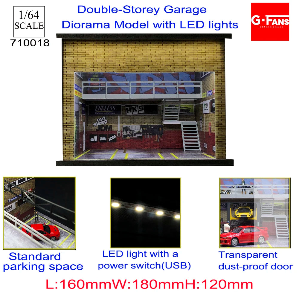 GFans NEW Model 1:64 Scale Diorama Car Garage Model With LED Lights Parking Lots City DIY Model Sets Collection Display Gifts
